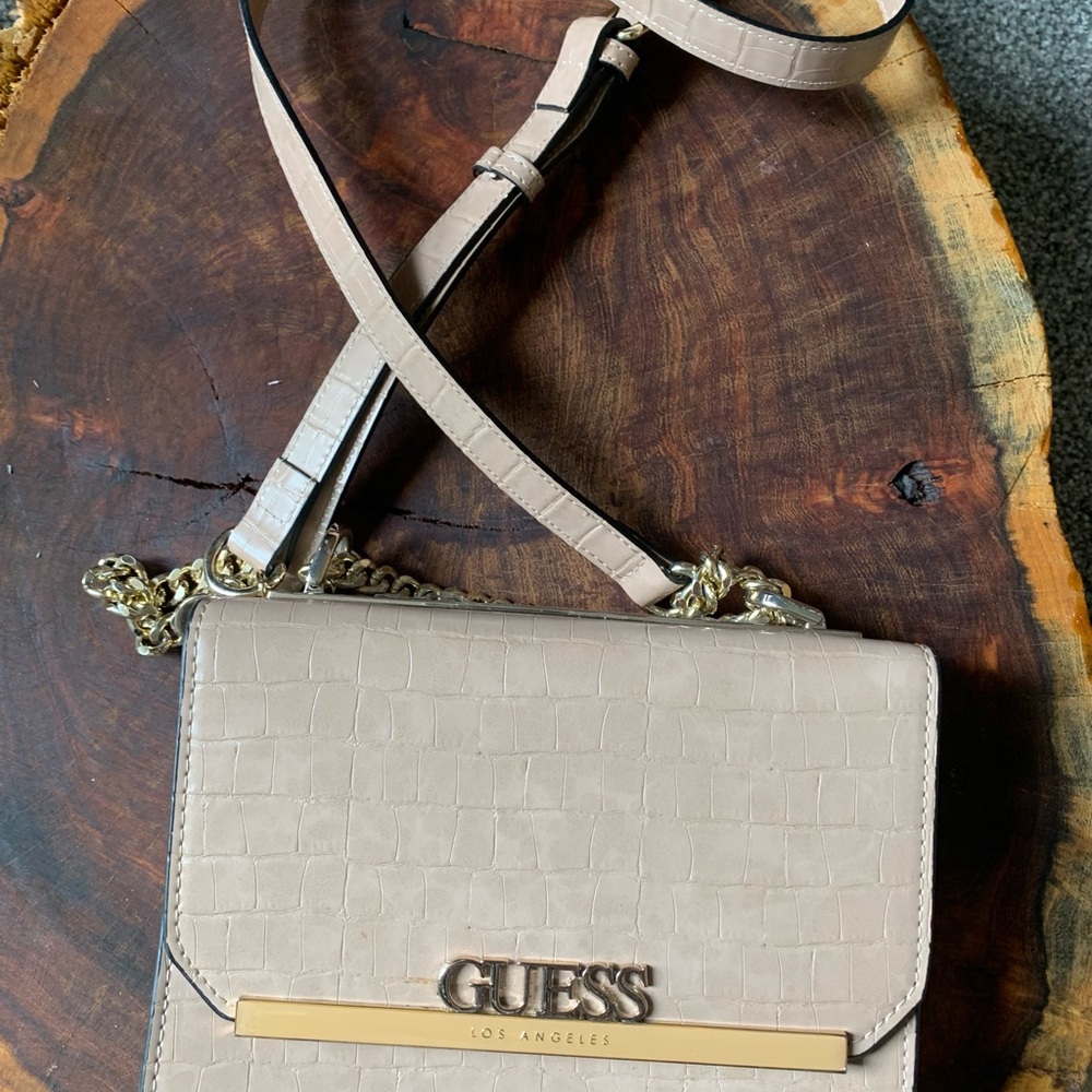Guess Tan Crossbody Bag with Textured Finish and Flap Closure